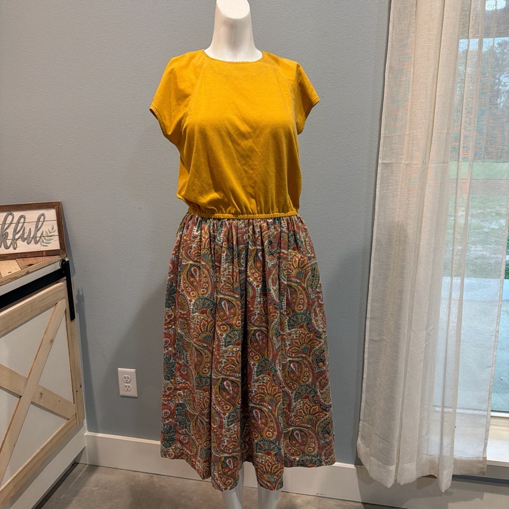 Paisley Midi Spring Dress Mustard Top and Paisley Bottom gathered waist
